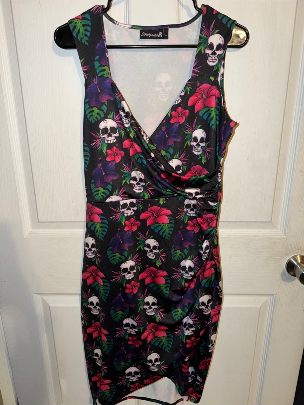 Sourpuss Black Skull & Floral Wrap-Style Midi Dress